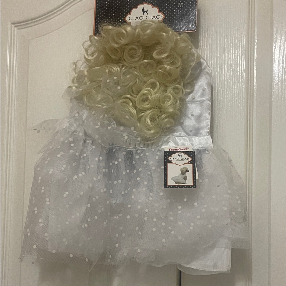 White and Cream Dog Costume w/Curly Wig